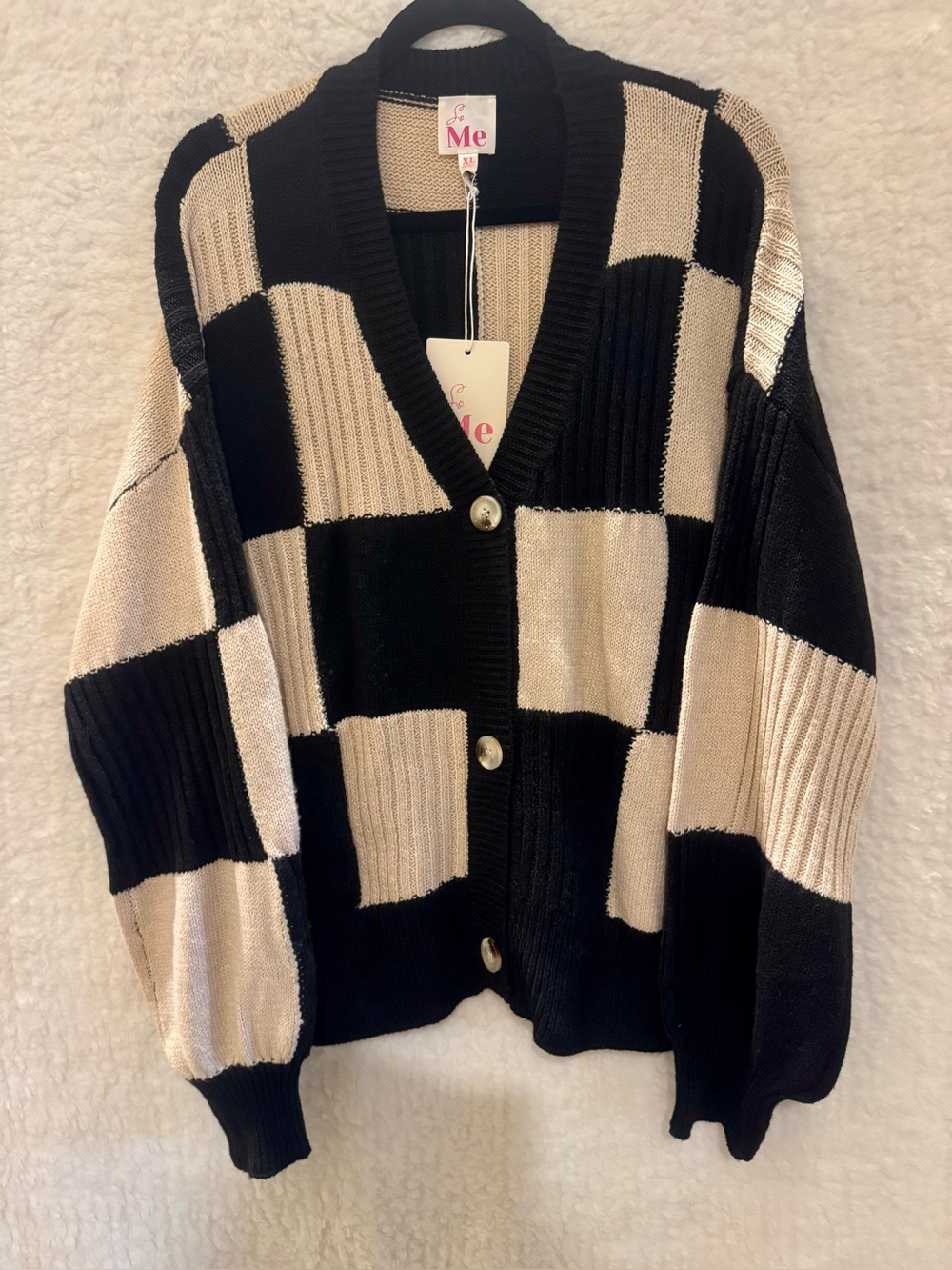 So Me Black & Cream Checkerboard Button Cardigan